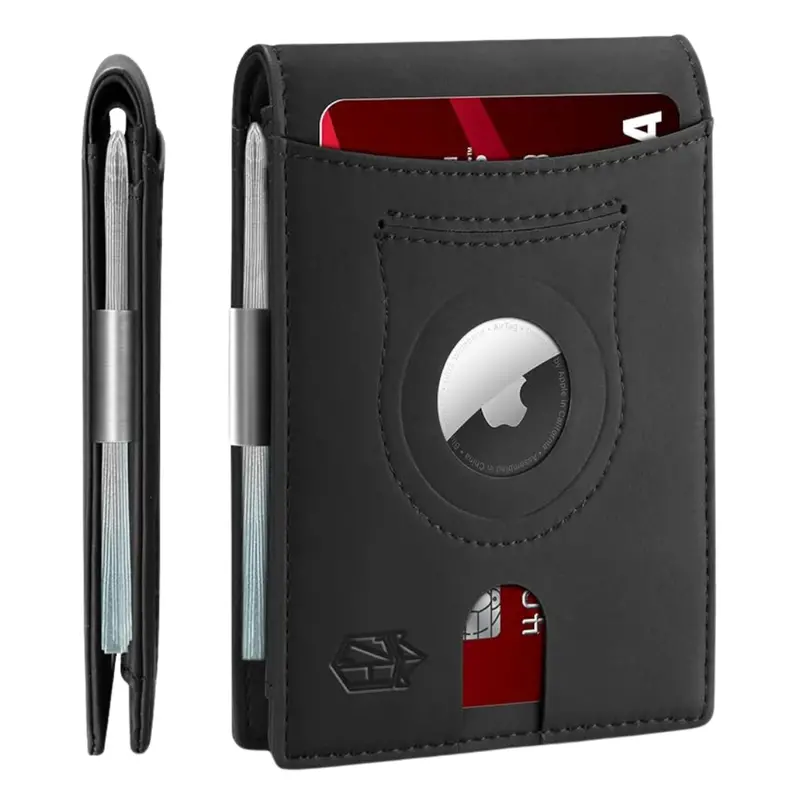 Men's Slim Rfid Blocking Leather Wallet W/ Airtag Holder 1
