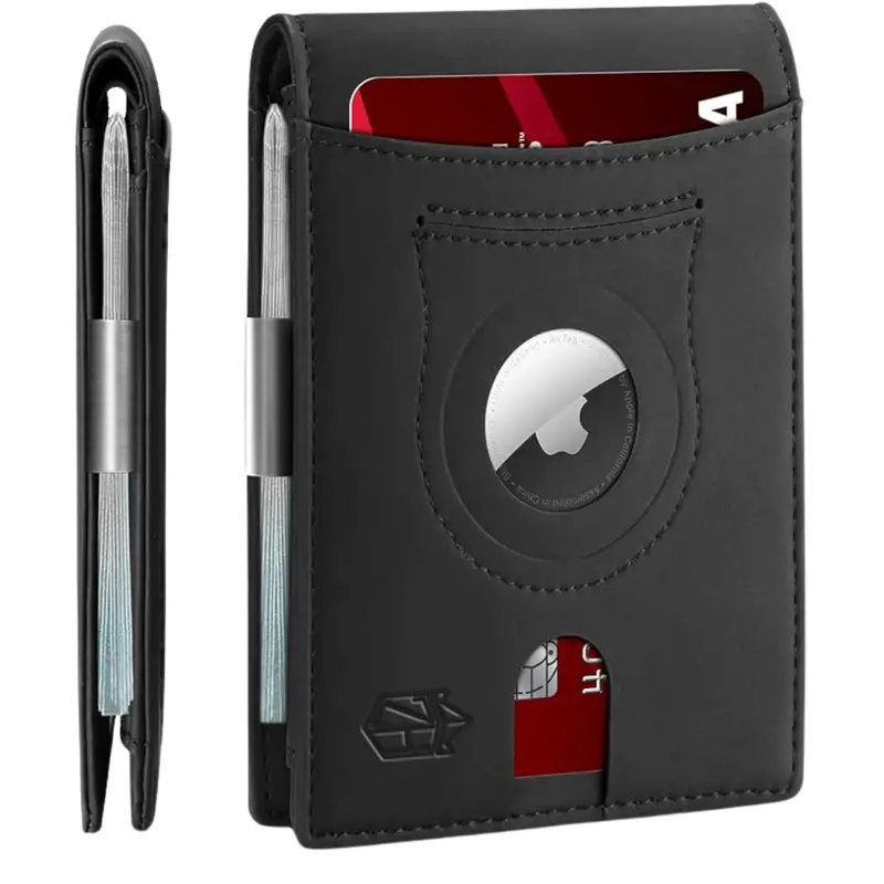 Men's Slim Rfid Blocking Leather Wallet W/ Airtag Holder 1