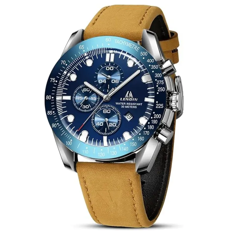 Men's Waterproof Analog Quartz Watch W/ Leather Strap 1