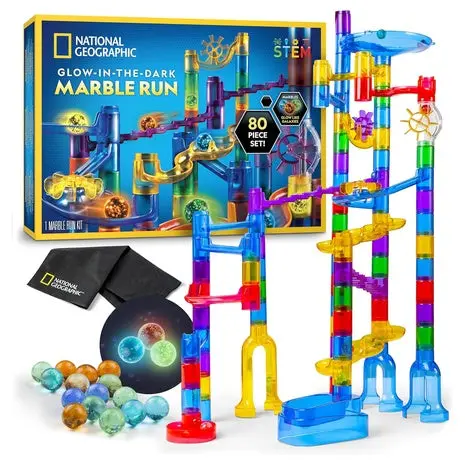National Geographic Glowing Marble Run Construction Set With 15 Glow In The Dark Glass Marbles 1