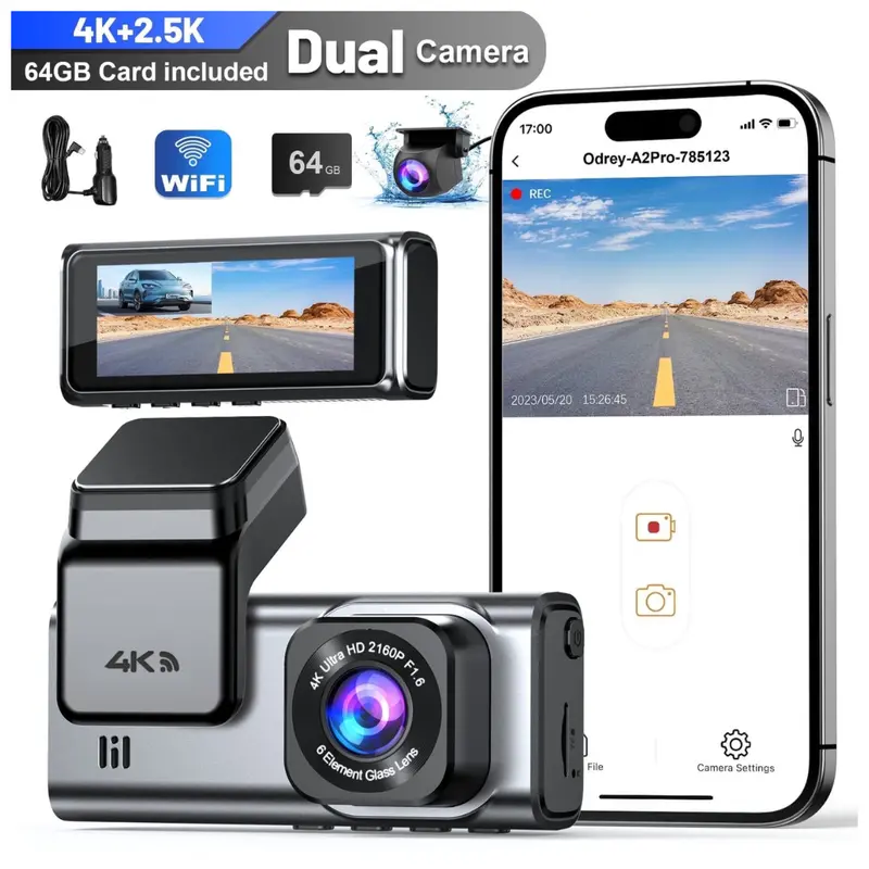 Odrey 4K+2.5K 5G Wifi & Wdr Front & Rear Dash Camera W/ 64Gb Card 1