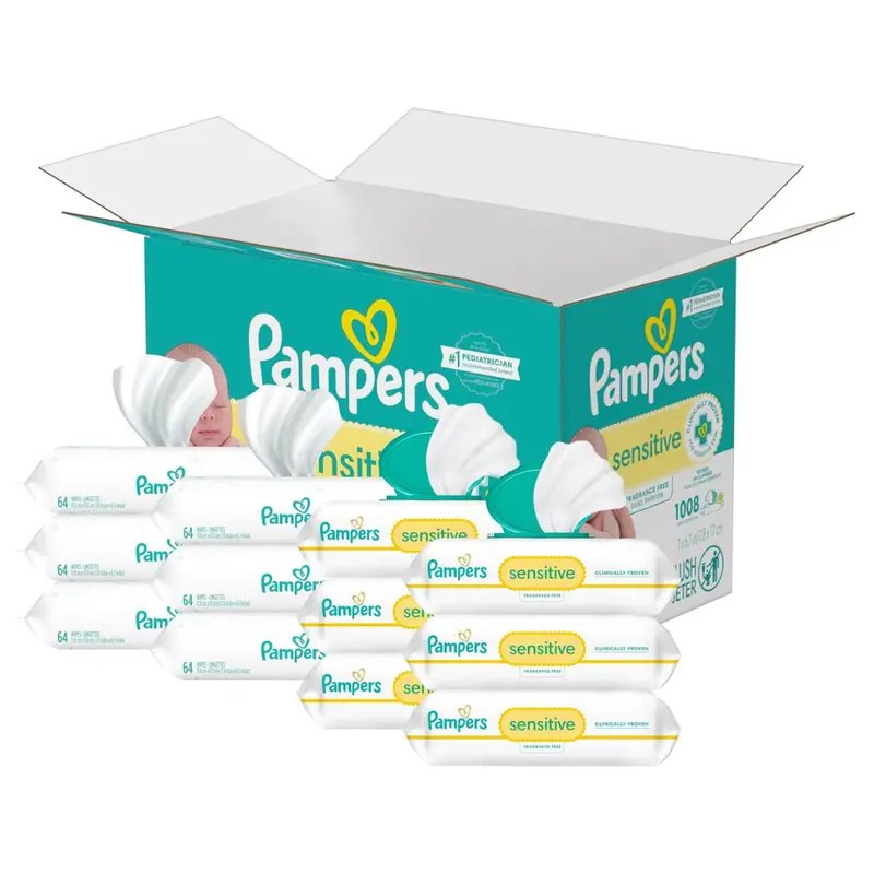 Pampers Sensitive Baby Wipes, Water Based (8 Flip-Top Packs, 4 Refill Packs, 1008 Wipes Total) 1