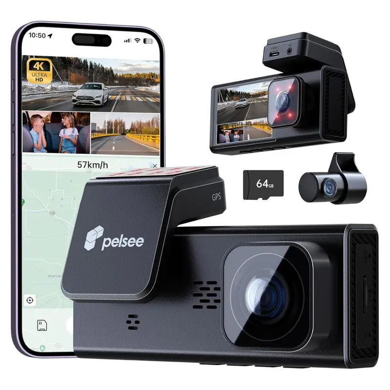 Pelsee 4K 3-Channel Dash Cam With 64Gb Card & App 1