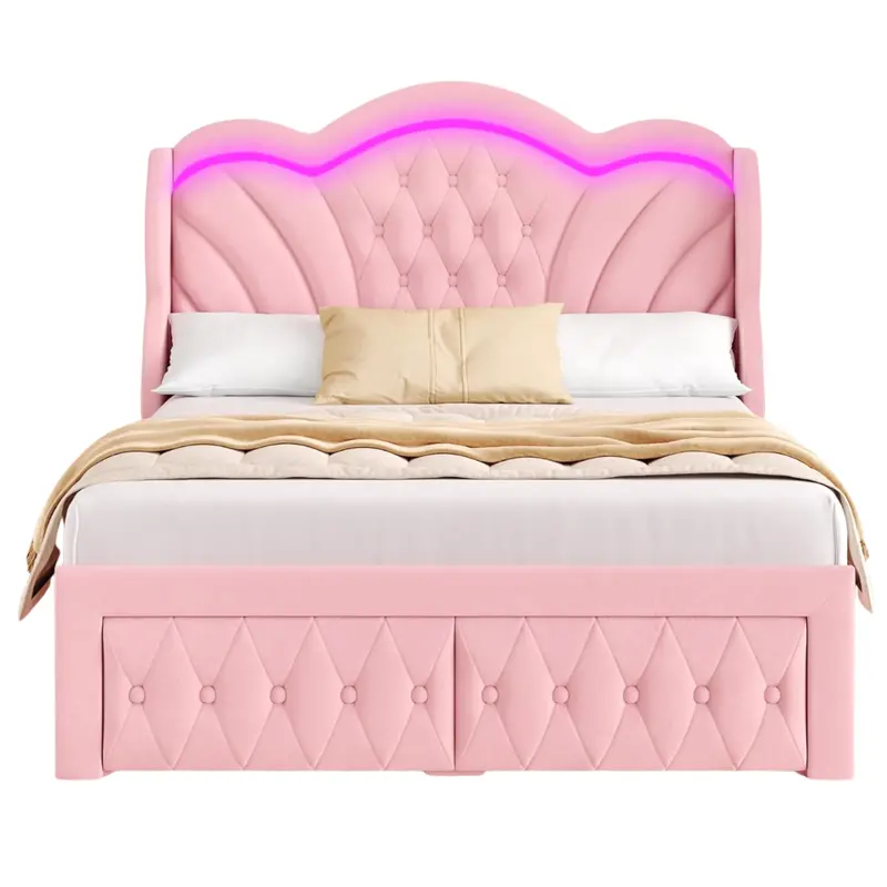 Queen Bed Frame With Led Lights And 2 Storage Drawers 1