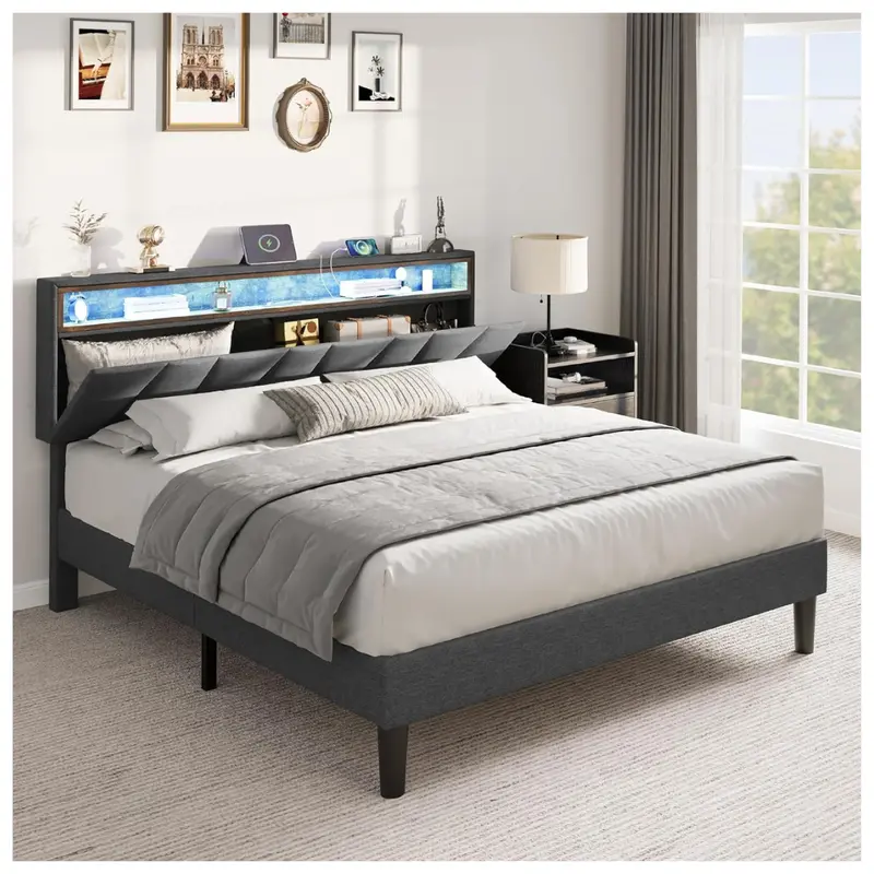 Queen Upholstered Platform Bed Frame With Storage Headboard 1