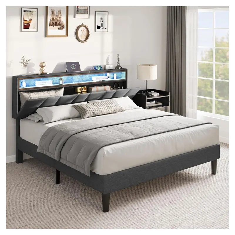 Queen Upholstered Platform Bed Frame With Storage Headboard 1