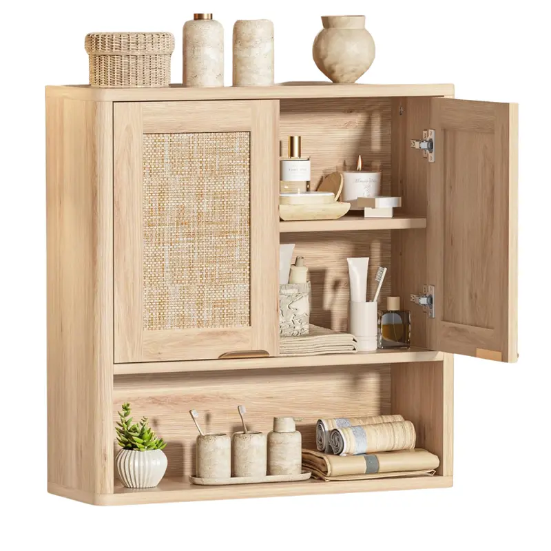 Rattan Bathroom Wall Cabinet W/ Doors & Adjustable Shelf 1