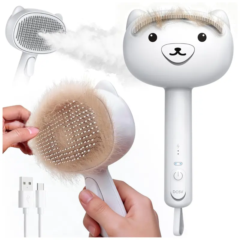 Rechargeable No-Rinse Steam Pet Brush W/ Release Button 1