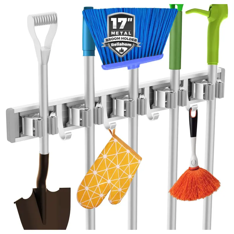 Reliahom 5-Racks Wall-Mount Broom & Mop Holder With 4-Hooks (2 Colors) 1