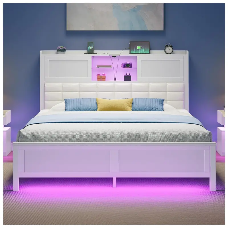 Rolanstar Full Size Bed Frame With Charging Station, Bookcase Headboard Bed 1