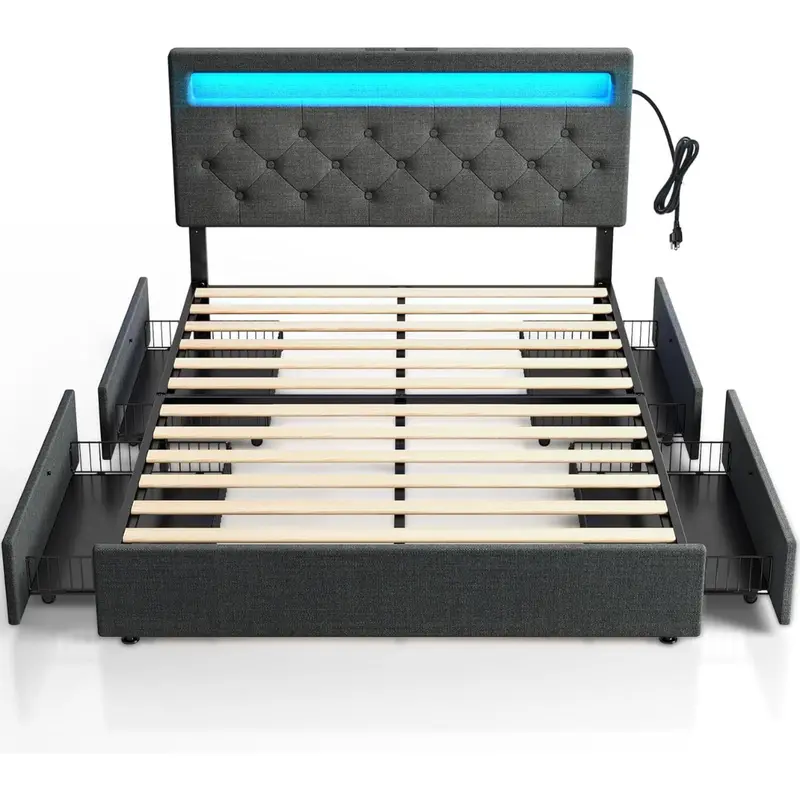 Rolanstar Queen Bed Frame With Led Lights, Charging Station, 4 Drawers 1