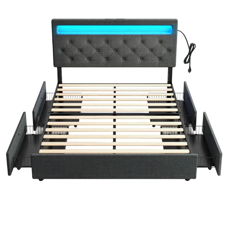Rolanstar Queen Bed Frame With Led Lights, Charging Station, 4 Drawers 1