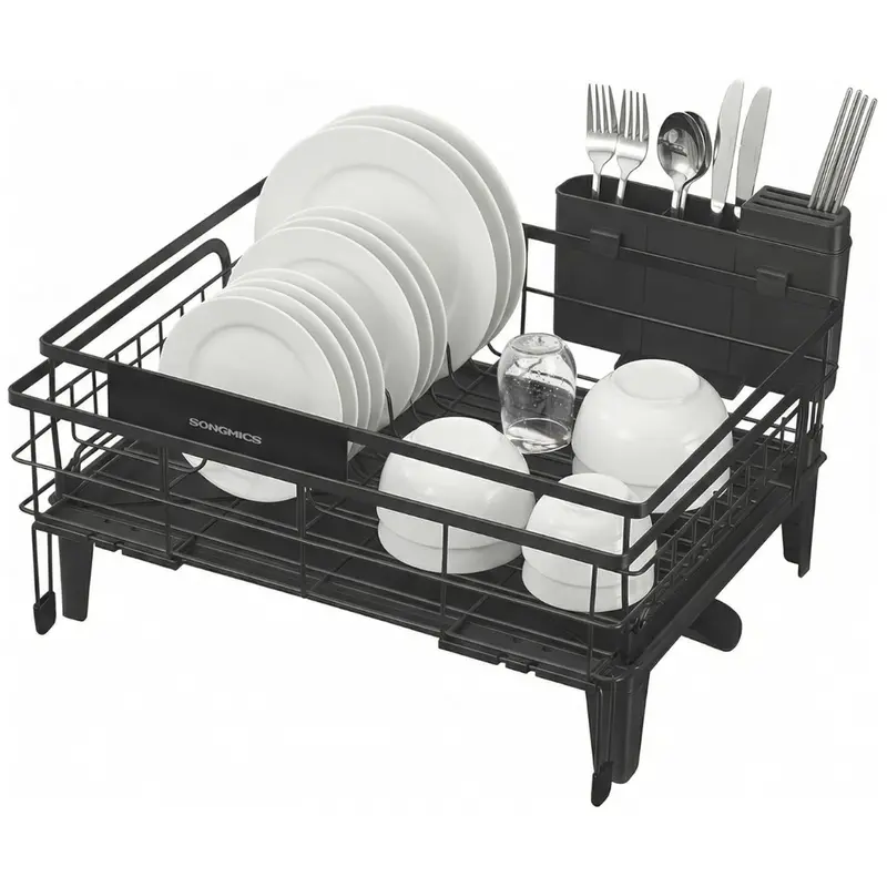 Rotatable Extendable Dish Drying Rack With Cutlery Holder 1