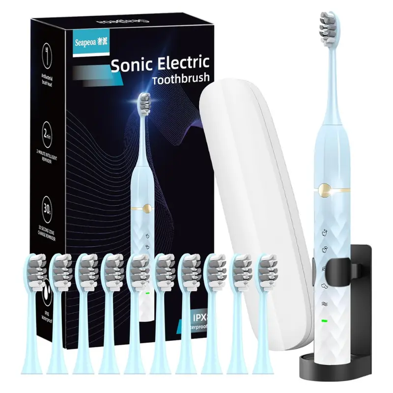 Seapeoa Rechargeable Electric Toothbrush W/10 Brush Heads & Travel Case 1