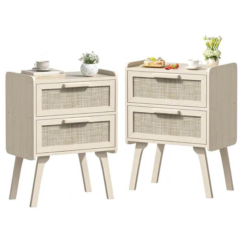 Set Of 2 Lerliuo Rattan Boho 2 Drawers Nightstand 1