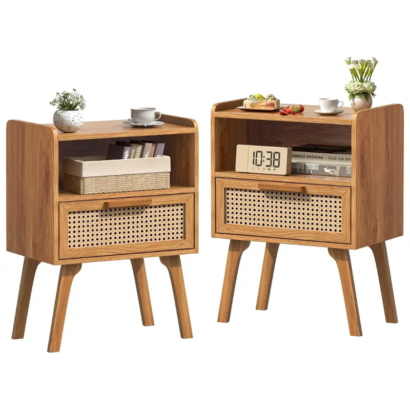 Set Of 2 Mid Century Modern Rattan Side Table With Drawer 1