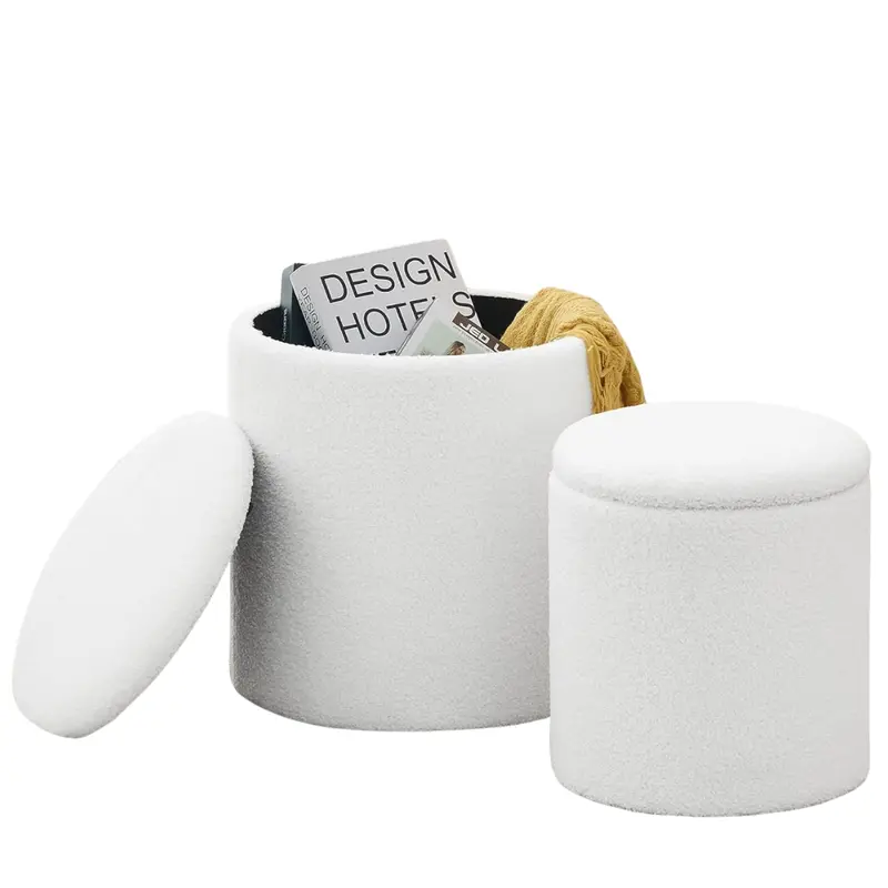 Set Of 2 Round Boucle Storage Ottoman Foot Stools 1