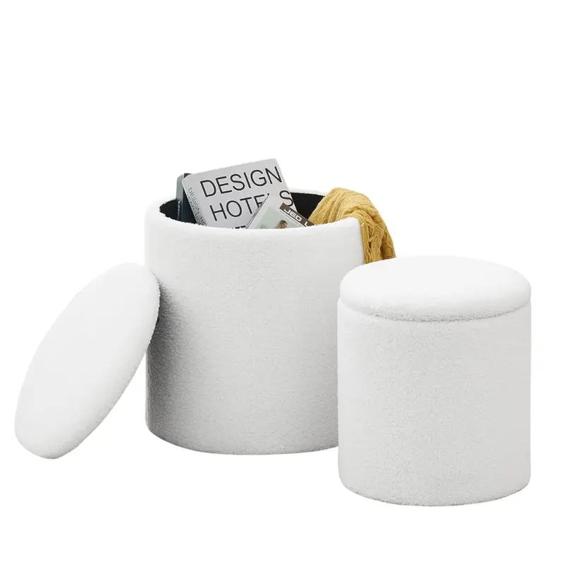 Set Of 2 Round Boucle Storage Ottoman Foot Stools 1