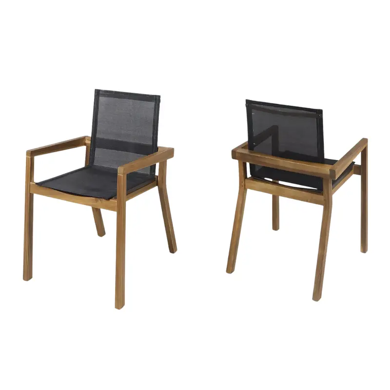 Set Of 2 Wooden Mesh Patio Dining Arm Chair In Teak 1