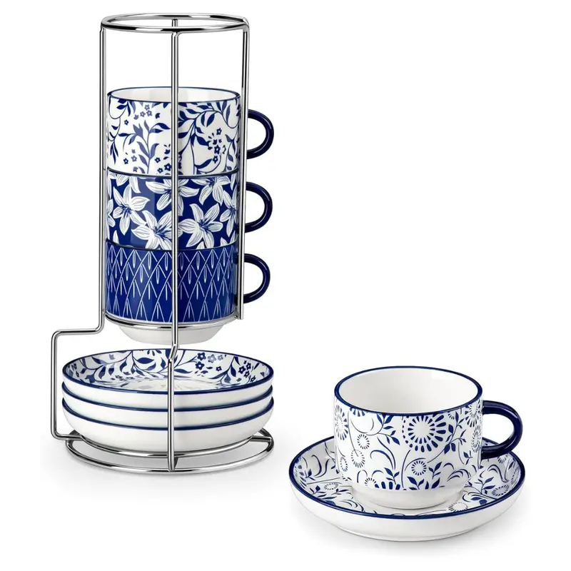Set Of 4 8-Oz Stackable Porcelain Cappuccino Cups W/ Saucers & Metal Stand 1