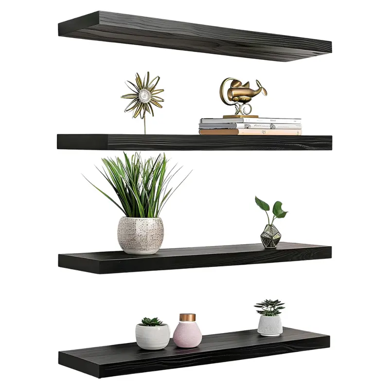 Set Of 4 Wall Rustic Black Wood Floating Shelves 1