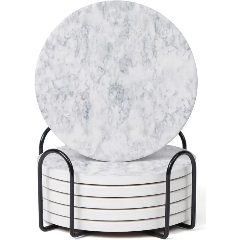 Set Of 6 Hoomey White Abstract Onyx Marble Coasters W/ Holder 1