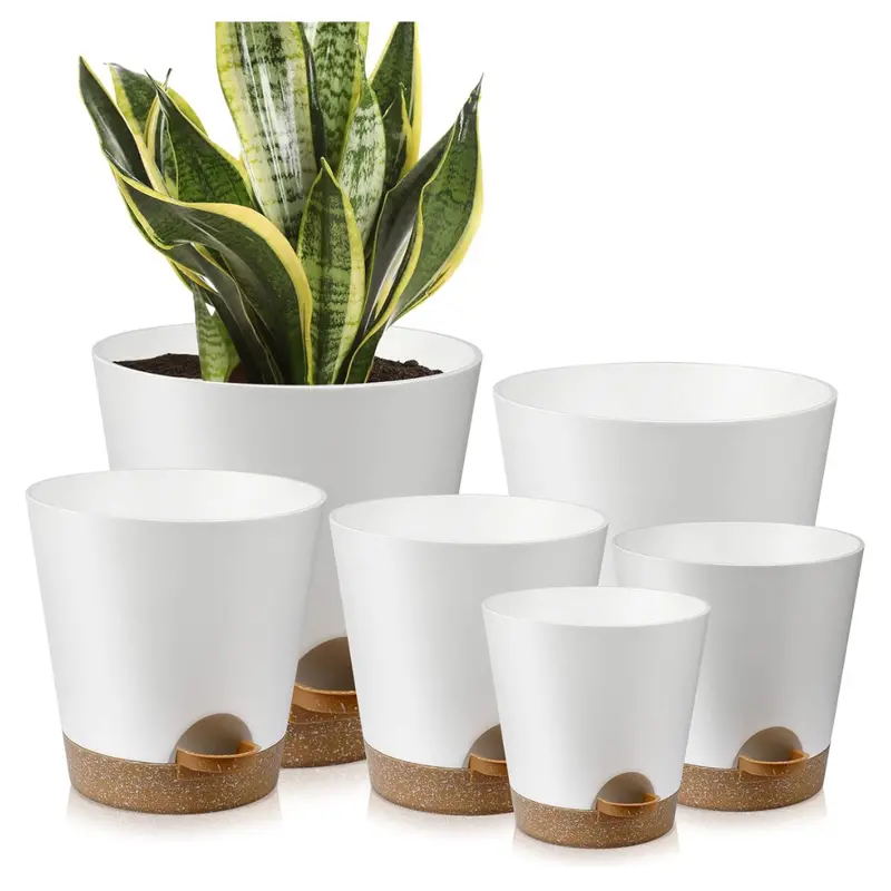 Set Of 6 Self Watering Indoor Plant Pots With Drainage & Saucers 1