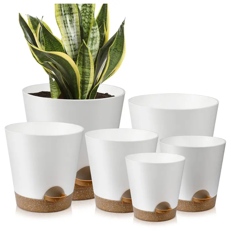 Set Of 6 Self Watering Indoor Plant Pots With Drainage & Saucers 1