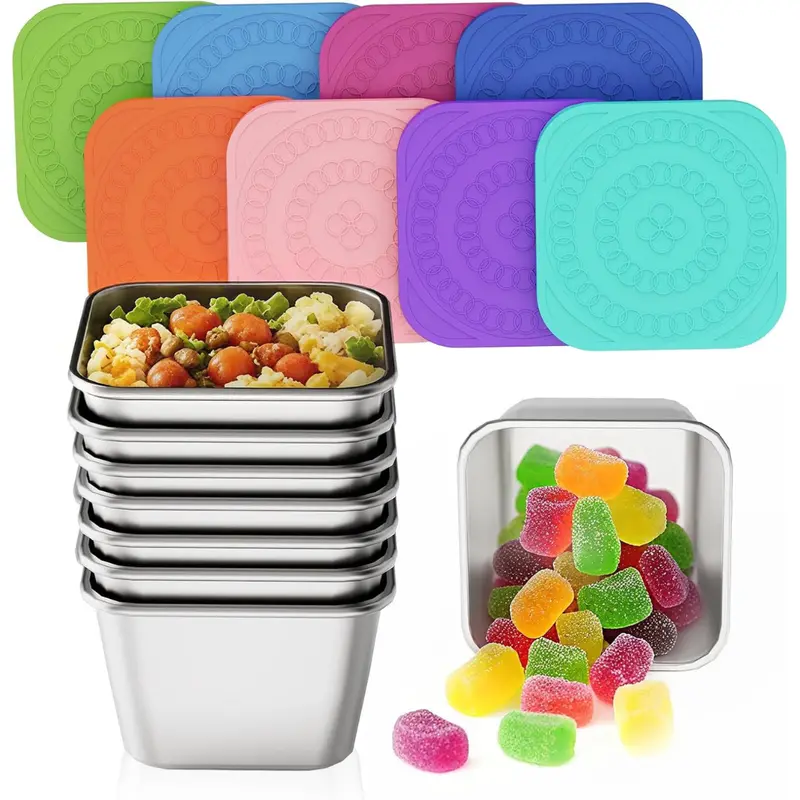Set Of 8 Stainless Steel Snack Containers With Silicone Lids 1