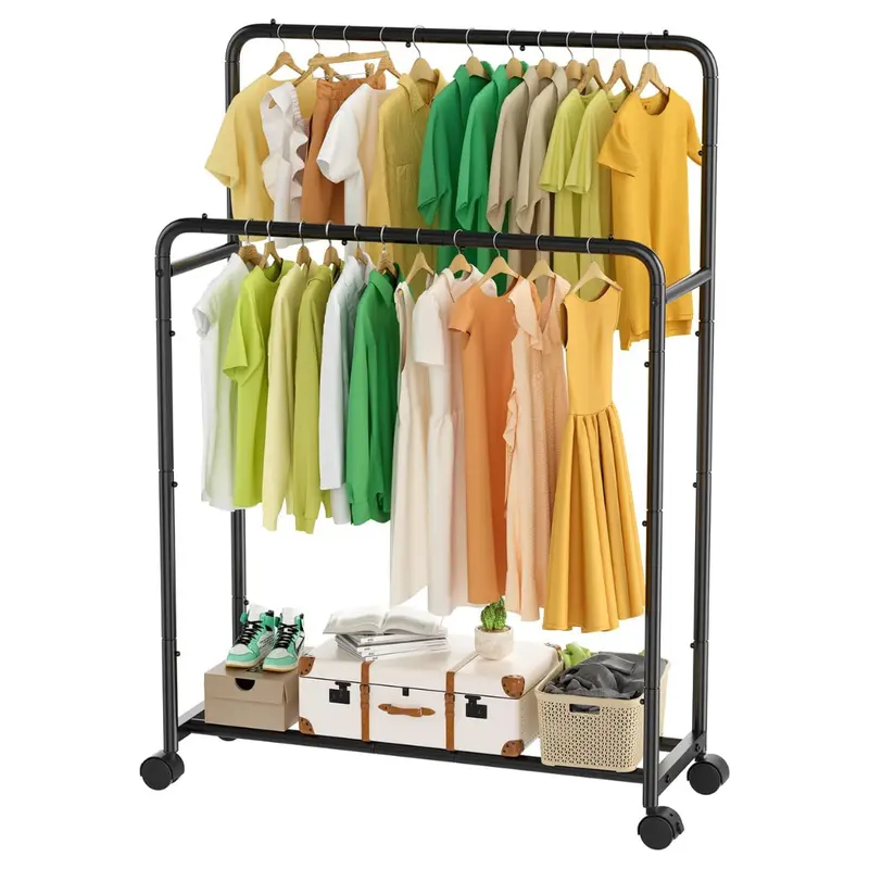 Simple Trending Double Rod Clothing Rack With Wheels 1