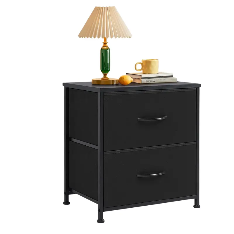 Small Nightstand With Wooden Top & Fabric Bins 1