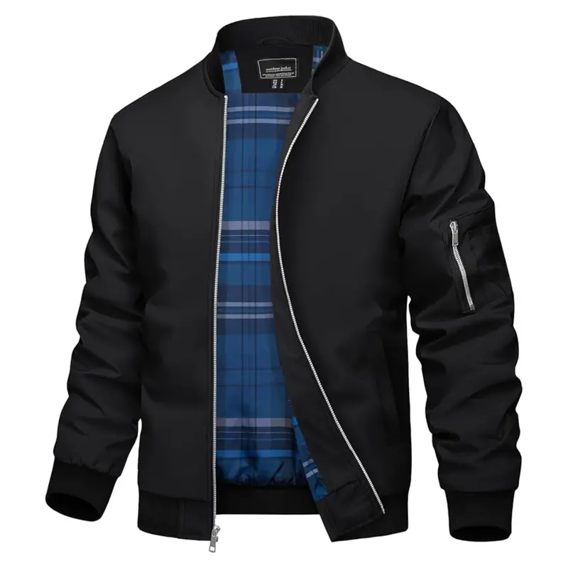 Tacvasen Men's Plaid Lined Light Bomber Jacket Style Windbreaker (Black) 1