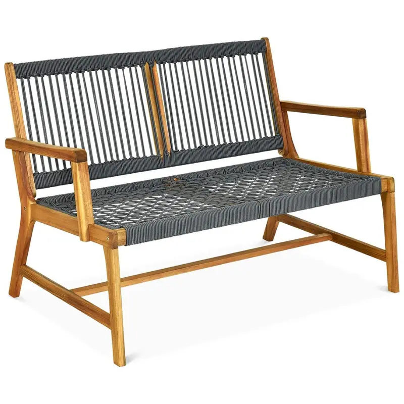 Tangkula 2-Person Patio Acacia Wood Bench Loveseat Chair 1