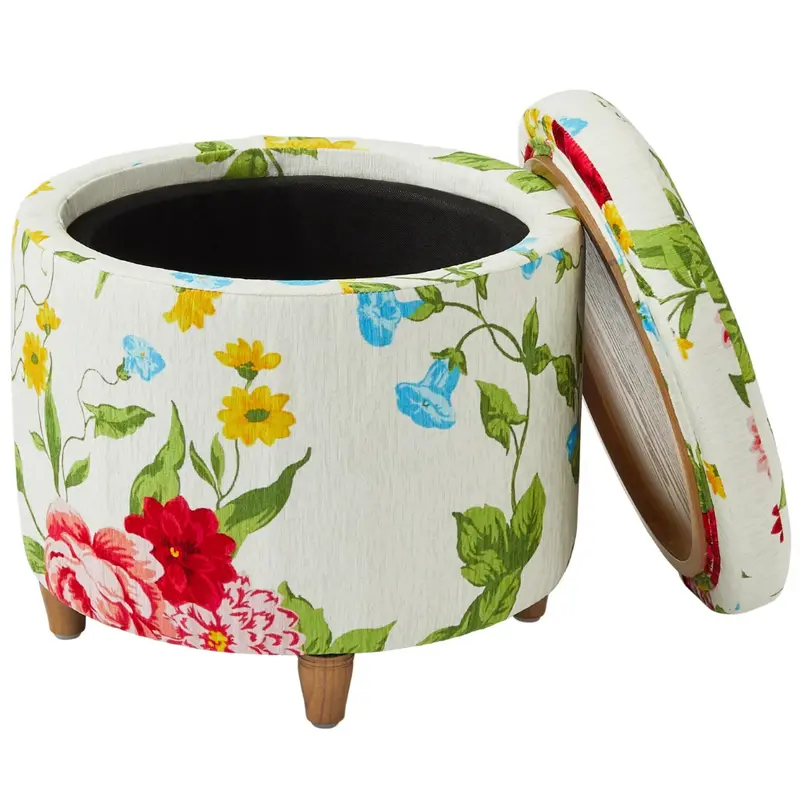 The Pioneer Woman Sweet Rose Round Storage Ottoman With Wood Tray Lid 1