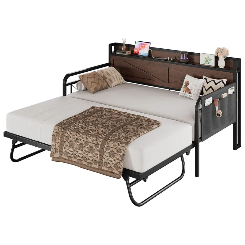 Twin Trundle Storage Headboard Sofa Day Bed With Charging Station 1