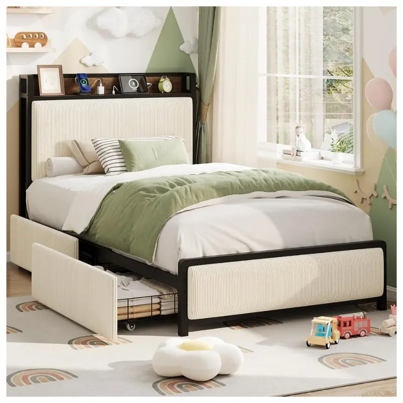 Twin Velvet Bed With 2 Drawers And Charging Station 1