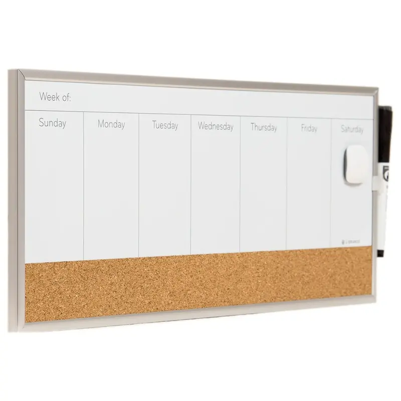 U Brands 18 X 7.5 Magnetic Dry Erase Weekly Calendar White Board W/ Cork Strip 1