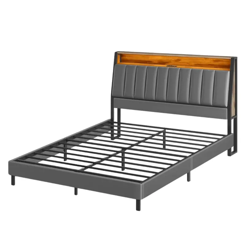 Vasagle Queen Led Bed Frame With Storage Headboard & Charging Station 1