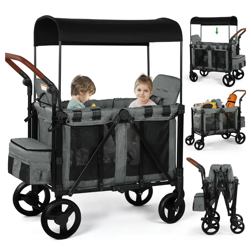 Vomeast 3-In-1 Double Stroller Wagon With Canopy For 2 Kids 1