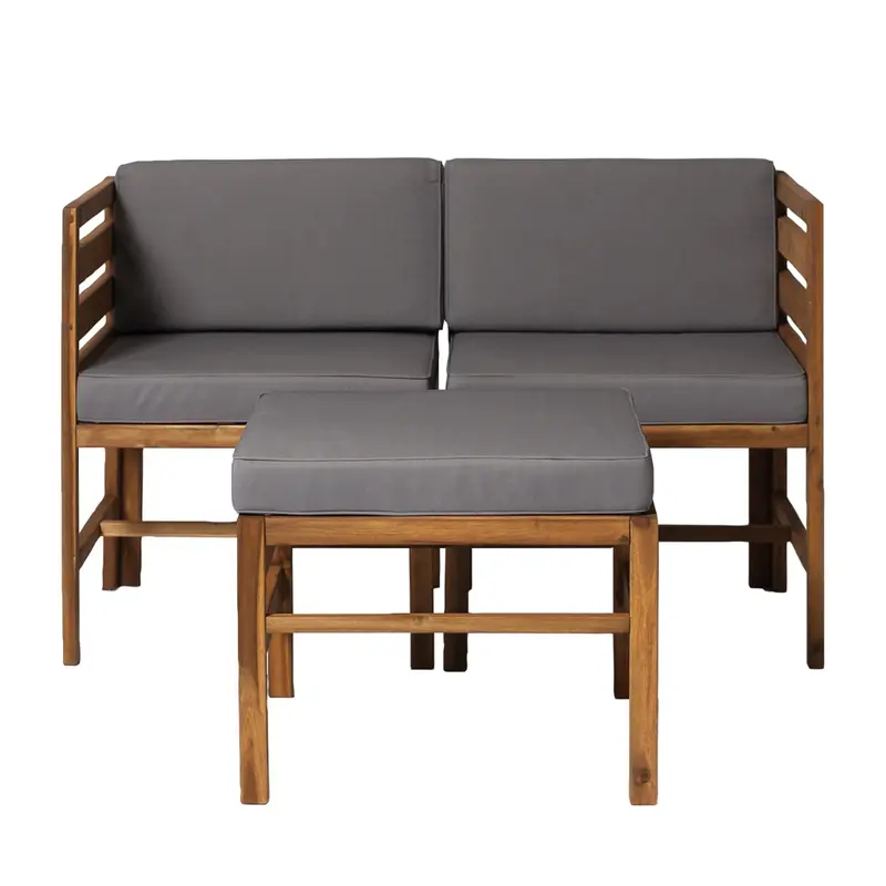 Walker Edison Modular Outdoor Brown And Grey Acacia L/R Chairs + Ottoman 1