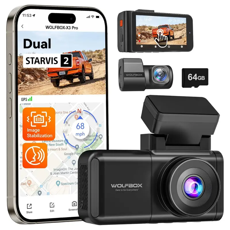 Wolfbox X3 Pro 1440P Front & Rear Dash Cam W/ Gps & 64Gb Card Included 1