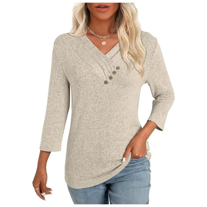 Women's 3/4 Sleeve V-Neck Button Down Tunic Tops (Various) 1
