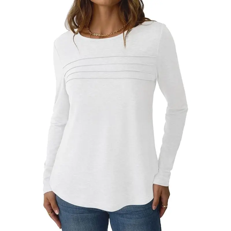 Women's Crew Neck Long Sleeve Pleated Blouse Shirts (White Or Black) 1