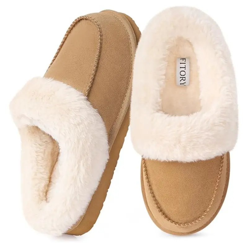 Women's Flat Slip On Suede Slipper With Faux Fur Lining 1