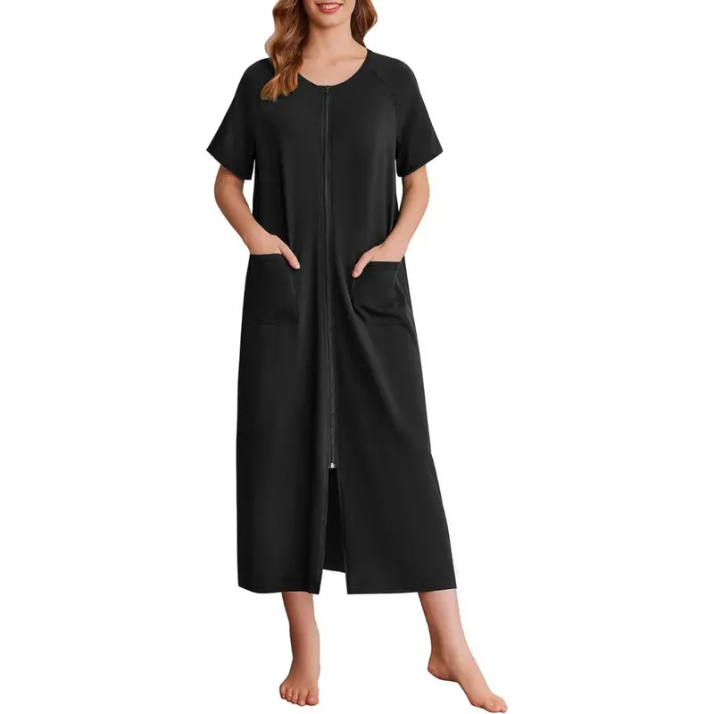 Women's Full Length Short Sleeve Zipper Robes With Pockets 1