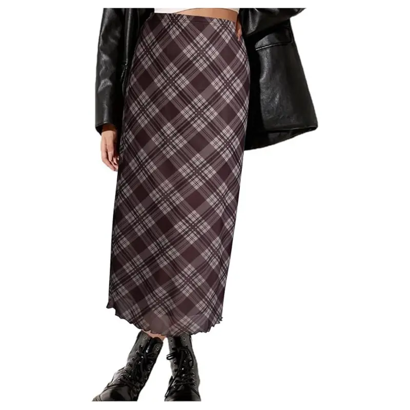 Women's Plaid High-Waisted Mesh Midi Skirt (Various) 1