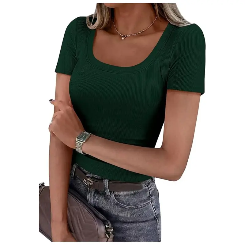 Women's Scoop Neck Short Sleeve Ribbed Top (Various) 1