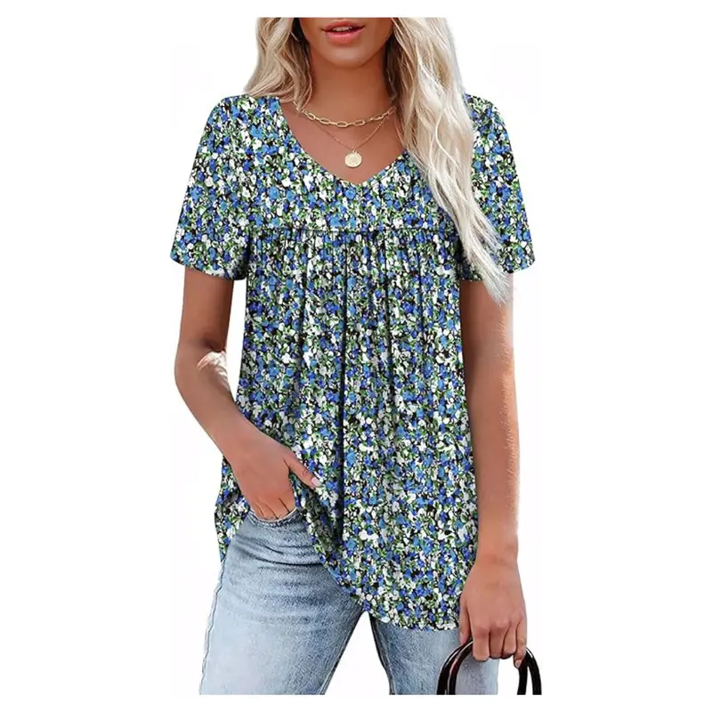 Women's Trendy Short Sleeve Floral V-Neck Pleated Summer Tops 1