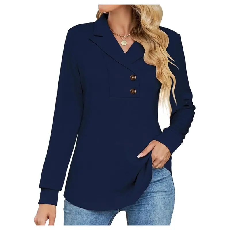 Women's V-Neck Long Sleeve Button Lapel Tunic Tops (Various) 1