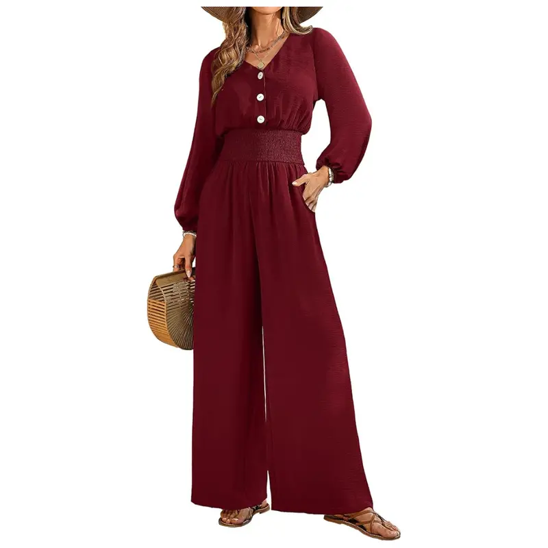 Women's Wide Leg Long Sleeve V Neck Romper 1